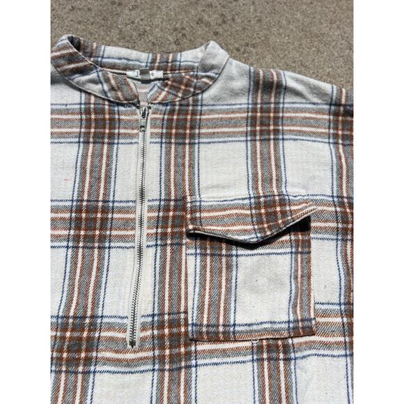 Jodifl Plaid White Brown Zip Front Pocket Long Sleeve Blouse Size Large - Picture 3 of 5